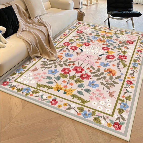 Living Room Rug Washable Area Rug Floral Rugs With Rubber Backing Non-Slip Large Rugs For Living Room, Bedroom, Farmhouse, Dining Room 3x5ft