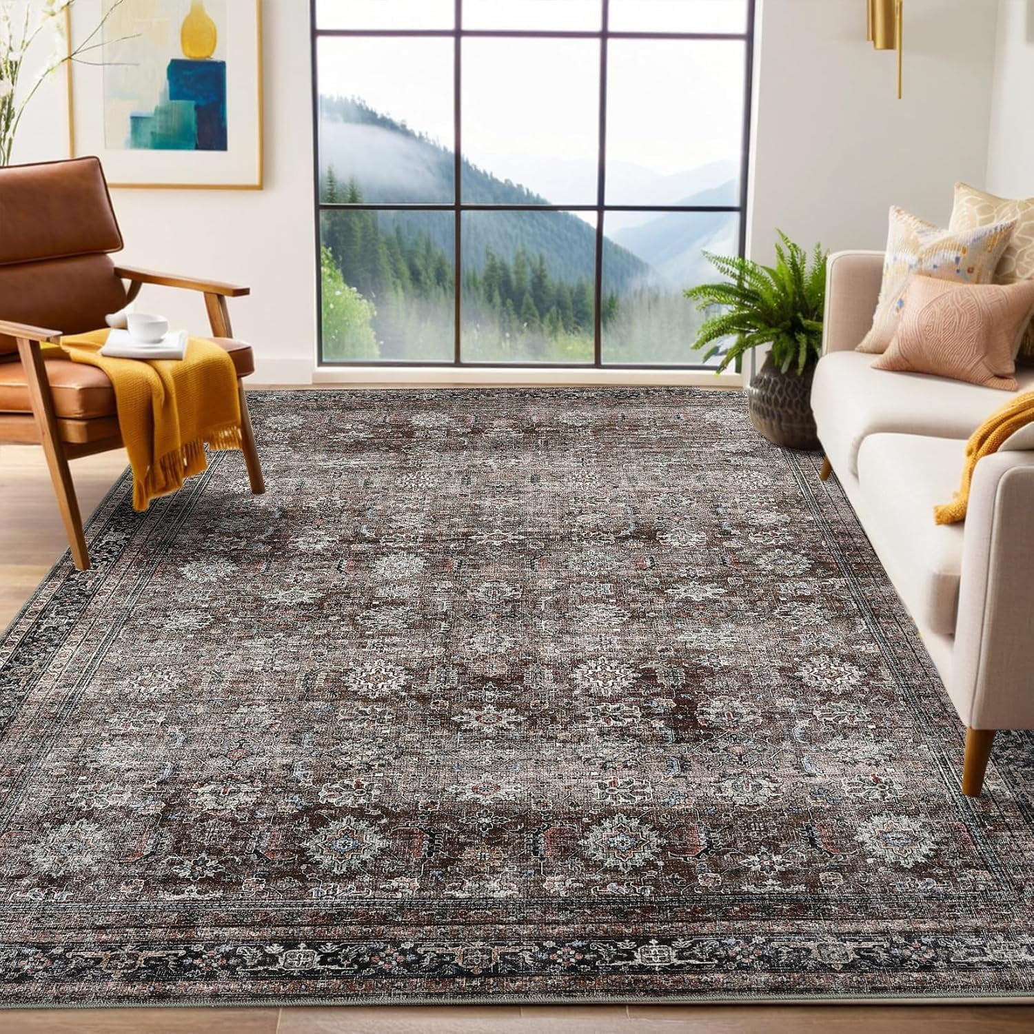 Living Room Rugs 10x13 Large Vintage Printed Area Rugs with Non-Slip Backing, Stain-Resistant Oriental Accent Rugs, Washable Farmhouse Low Pile Rugs for Bedroom, Office, Brown