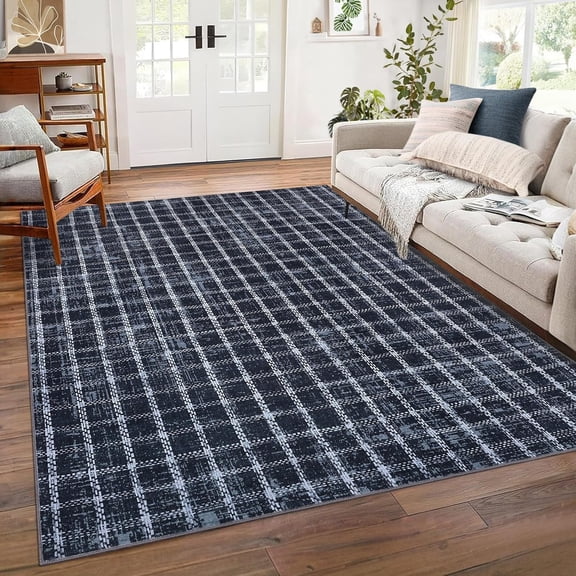 Living Room Rugs 8x10 Large Farmhouse Floor Carpet, Ultra-Soft Low Pile Indoor Mat, Non-Shedding Contemporary Accent Rugs, Machine Washable, for Dining Room, Office, Navy