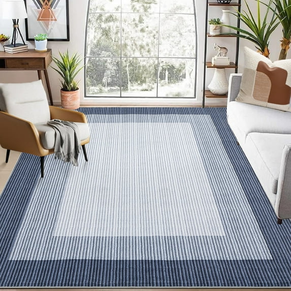 Living Room Rugs 9x12 Abstract Linear Area Rugs Stain-Resistant Modern Carpet Rugs Non-Slip Foldable Dining Room Rug Washable Low Pile Indoor Carpet for Under Table, Blue