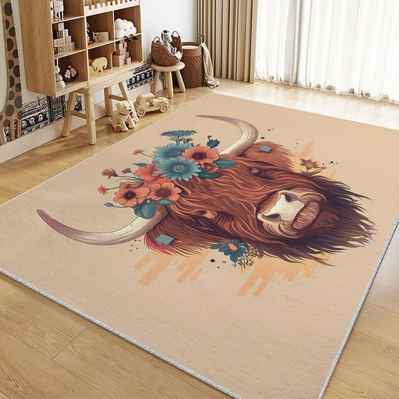 Living Room Rugs Non-Slip Carpet, Animal Painting Highland Cattle Rug Machine Washable Rectangle Rug, Brown Decoration Carpet, Soft Low Pile Floor Decorate Carpets For Bedroom