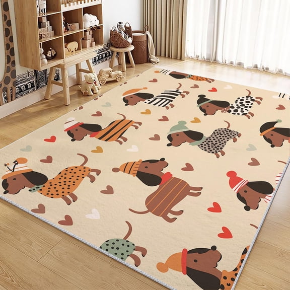 Living Room Rugs Non-Slip Carpet, Cartoon Animal Dachshund Rug Machine Washable Rectangle Rug, Beige Decoration Carpet, Soft Low Pile Floor Decorate Carpets For Bedroom