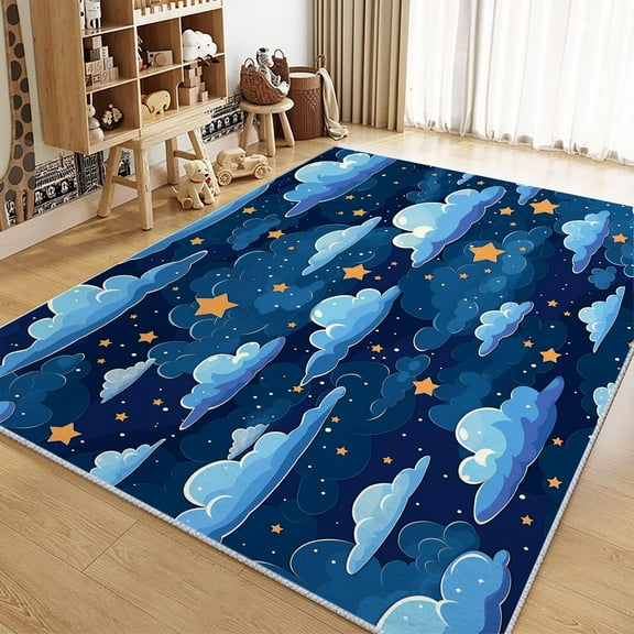 Living Room Rugs Non-Slip Carpet, Cartoon Style Stars And Clouds Rug Machine Washable Rectangle Rug, Blue Decoration Carpet, Soft Low Pile Floor Decorate Carpets For Bedroom