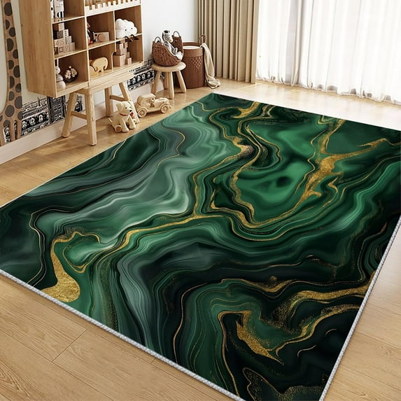 Living Room Rugs Non-Slip Carpet, Marble Gold Lines Rug Machine Washable Rectangle Rug, Emerald Green Decoration Carpet, Soft Low Pile Floor Decorate Carpets For Bedroom