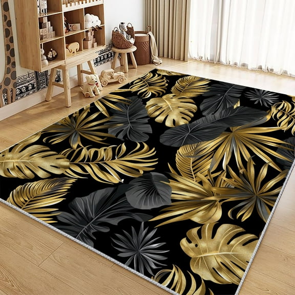 Living Room Rugs Non-Slip Carpet, Plant Leaves Palm Leaves Rug Machine Washable Rectangle Rug, Black And Gold Decoration Carpet, Soft Low Pile Floor Decorate Carpets For Bedroom
