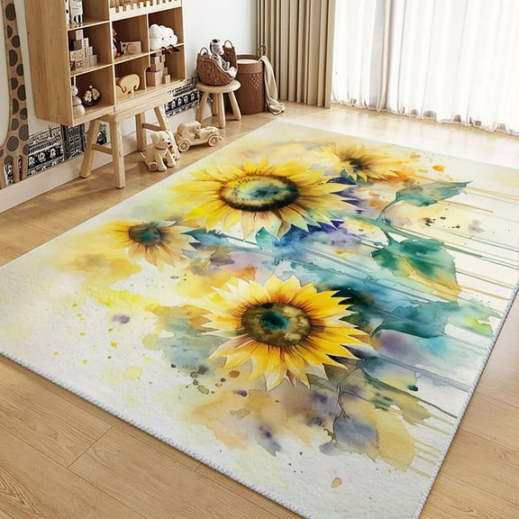 Living Room Rugs Non-Slip Carpet, Plant Watercolor Sunflower Rug Machine Washable Rectangle Rug, Yellow Decoration Carpet, Soft Low Pile Floor Decorate Carpets For Bedroom