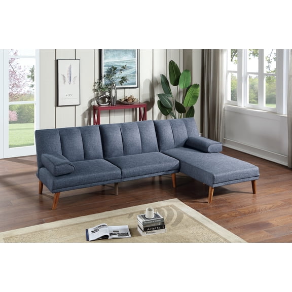 Living Room Sectional Convertible Bed Chaise Sofa Navy Color Polyfiber Adjustable Couch Patterned Cushions