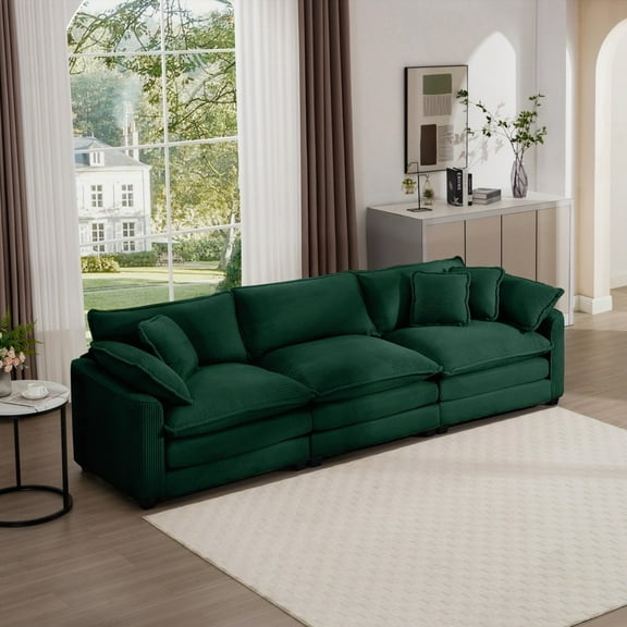 Living Room Sectional Sofa - 3-Seater with 2 Arm & 3 Pillows, Green Corduroy Fabric, Unrivalled Comfort