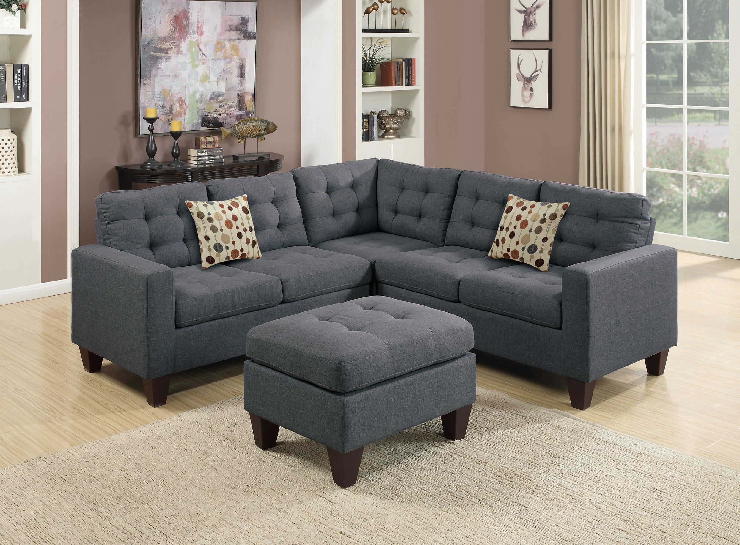 Living Room Sectional Sofa Modern Blue Grey 4pcs Set Polyfiber Modular ...