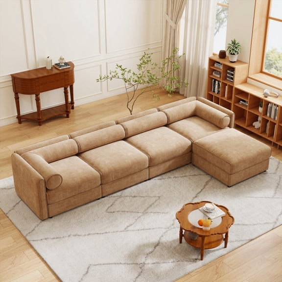Modern L-Shaped Sectional Sofa with Storage, Camel Fabric, 220cm, Durable & Comfortable