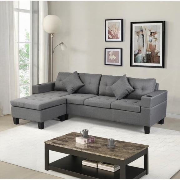 Modern L-Shaped Sectional Sofa Set (Faux Linen Grey) for Living Room (220×80×75cm)