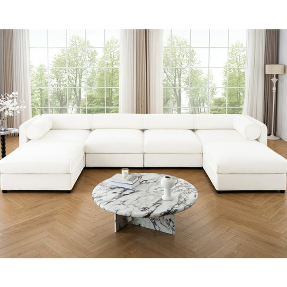 Living Room Sectional With Storage - White Chenille, Convertible, Cylindrical And For Style Chenille Fabric White, U Shaped, Deep Seat, Ergonomic Design Comfort