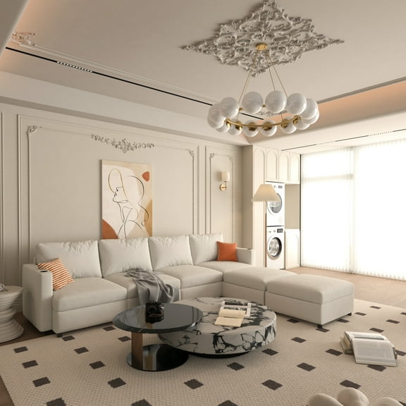 Living Room Sectional With And Storage, 123" U-shape 6 Seat Chenille Couch Fabric