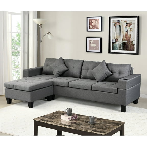 Living Room Sectional With L Shape Chaise And Cup Holder In Soft Gray Linen Fabric For Relaxation Lounge Room, Modern