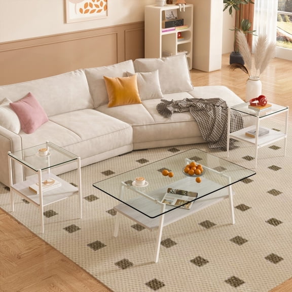 Living Room Set of 3 - Tempered Glass Coffee & End Tables (38.58"L x 22.84"W x 16.73"H / 19.1"L x 15.35"W x 21.14"H) with MDF & High Load-bearing