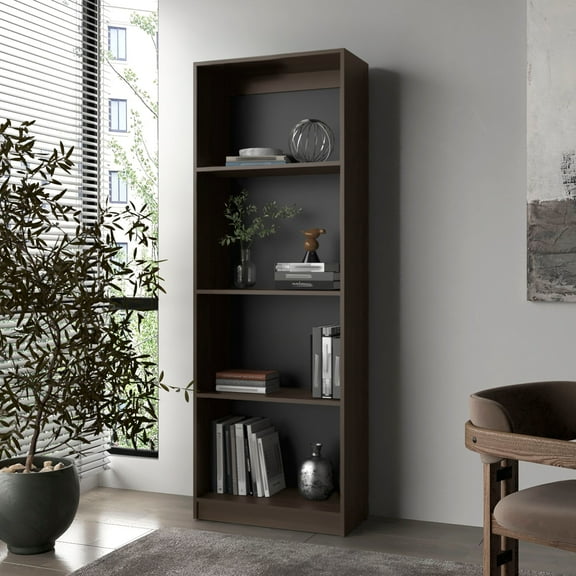 Living Room Shelving Units Stained Walnut Flat Bookcase with Open Storage and 4 Shelves,Display Cabinets For Living Room