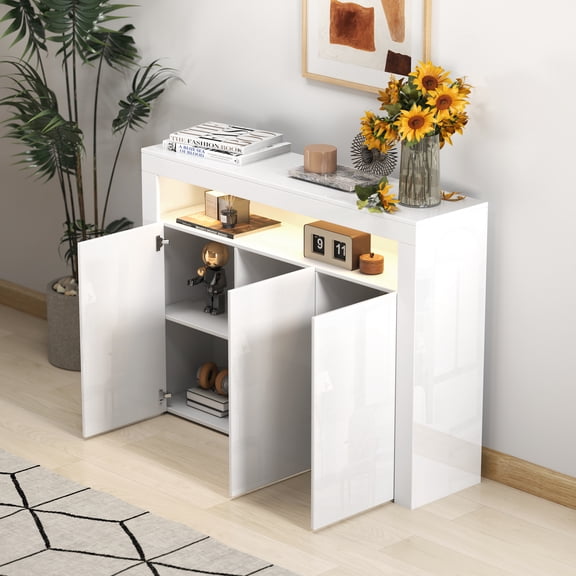 Living Room Sideboard Storage Cabinet WHITE High Gloss with LED Light, Modern Kitchen Unit Cupboard Buffet Wooden Storage Display Cabinet TV Stand with 3 Doors for Hallway Dining Room