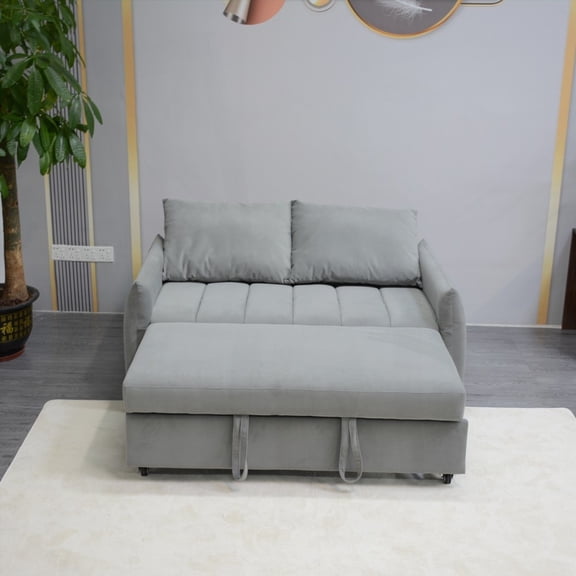 Living Room Sofa Bed, Gray with 2 Side Pockets, Adjustable Back & Comfortable Velvet Fabric