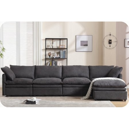 Modern 5-seat U-shaped Polyester Sectional Sofa for Living Room, Dark Gray