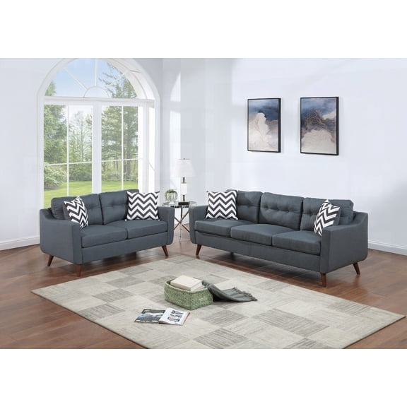 Living Room Sofa Loveseat Set in Blue Gray Polyfiber with Modern Pillows