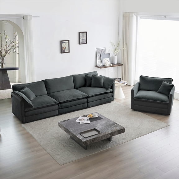 Modern 1+3 Seat Gray Chenille Upholstered Sofa for Living Room - Deep Seat & Sturdy Frame