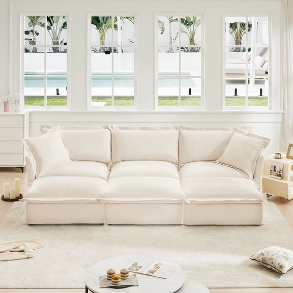 Living Room Sofa Slipcovered Sofa 3 Seater Sofa With 3 Ottomans, Oversized 3-Seat Sleeper Sofa Bed Home Theater Sofa, Chenille, Cream