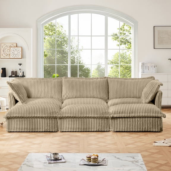 Living Room Sofa Slipcovered Sofa 3 Seater Sofa With 3 Ottomans, Oversized 3-Seat Sleeper Sofa Bed Home Theater Sofa, Corduroy, Camel