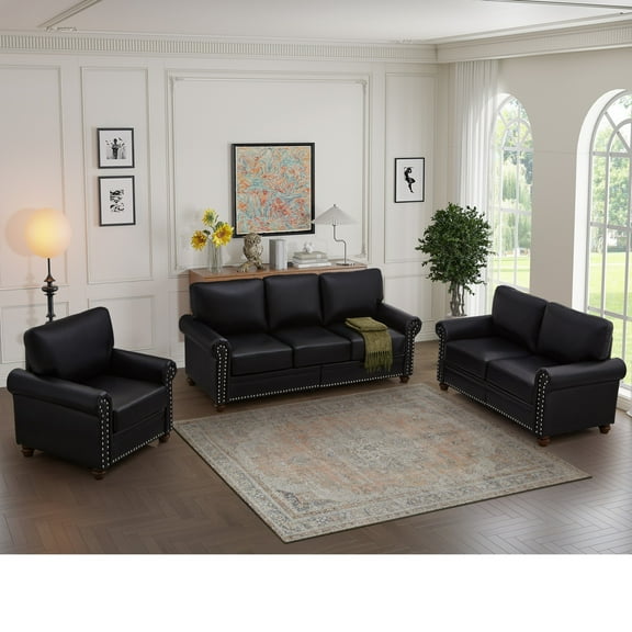 Living Room Sofa with Storage Sofa 1+2+3 Sectional Faux Leather (Black)