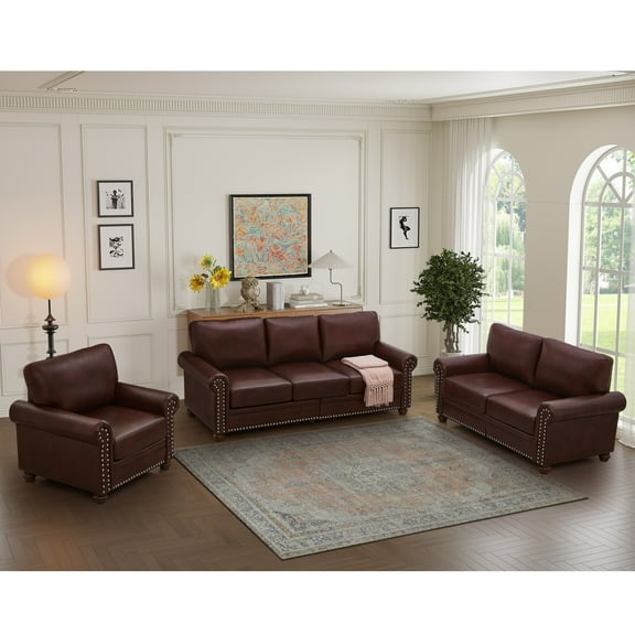Living Room Sofa with Storage Sofa 1+2+3 Sectional Faux Leather (Brown)