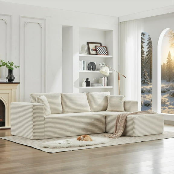 Living Room Sofas 106" Cloud Sectional Couch L-Shape with Right Facing Chaise(Single Seat is not included),Deep Seat Modern Modular Sofa for Living Room,No Assembly Required,Beige (Plush Corduroy Fab