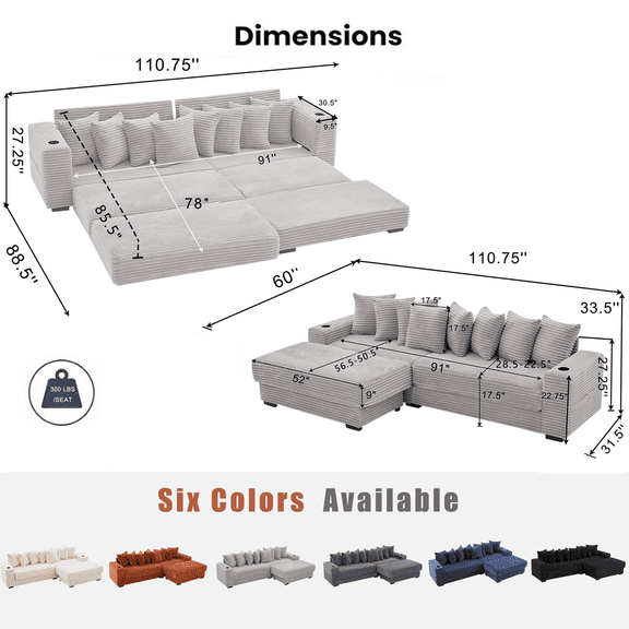 Living Room Sofas 110.75" Modular L Shaped Sofa, Corduroy Fabric Sectional Couch,With a movable footstool, Cup Holders,Bring 8 throw pillows,Side Pocket,Unfold into a Bed,Light Gray,Comfortable So