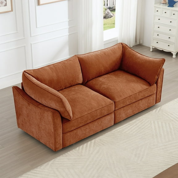 Living Room Sofas 2 Seater Sofa With Pull out Storage Drawers Under Each Seat, Crescent-shaped Armrests And Wraparound , Suitable for Small Living Rooms, Chenille Orange,Comfortable Sofas
