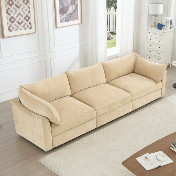 Living Room Sofas 3-seater sofa, with a pull-out drawer under each seat, designed with crescent-shaped armrests, and equipped with wraparound back and arm cushions, chenille fabric, wheat colour.,Com