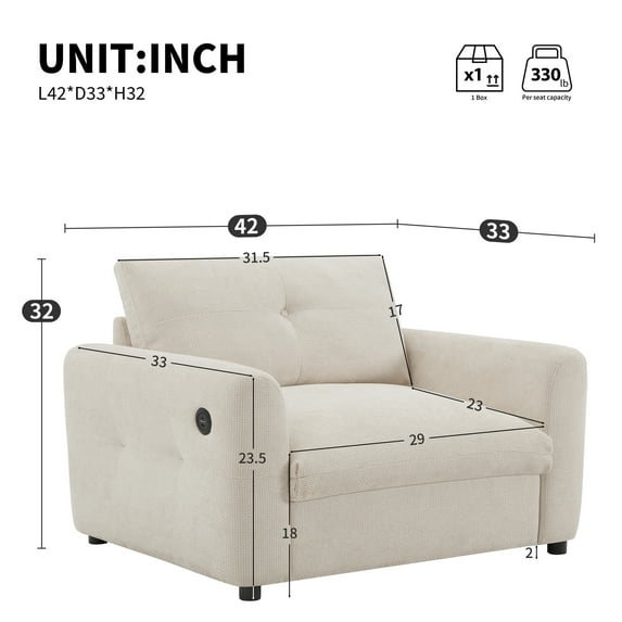 Living Room Sofas 42*33" Single Sofa, Armchair with Wide Seat, Dual-port Charger, Pull-line & Tufted Design, High-density Foam, Suitable for Living Room & Apartment, Chenille, 2 Colors,Comfortable So