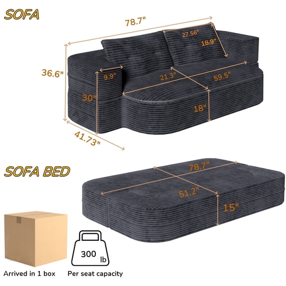 Living Room Sofas 78.7" Modern 2-in-1 Foldable Sofa with Functional Blanket and 2 Soft Pillows,Comfortable Plush Corduroy Fabric Sofa, Convertible Sleeper Sofa Bed, Deep Seat Sofa Couch for Living R