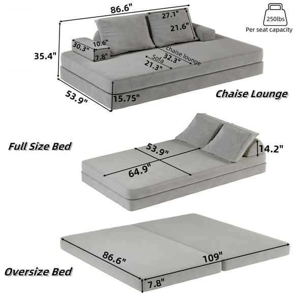 Living Room Sofas 86.6"Multifunctional Convertible Sofa Bed with 2 Removable Backrests and 2 Pillows,Fuffy Chenille Fabric Sofa,Chaise Lounge,Game Pad,DIY Modern Upholstered Couch,Deep Seat Couch for