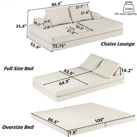 Living Room Sofas 86.6"Multifunctional Convertible Sofa Bed with 2 Removable Backrests and 2 Pillows,Fuffy Chenille Fabric Sofa,Chaise Lounge,Game Pad,DIY Modern Upholstered Couch,Deep Seat Couch for