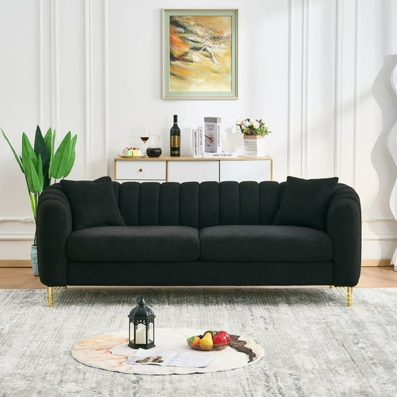 Living Room Sofas 86" Oversized Chenille Sofa,Luxury 3 Seater Deep Couch,Modern Tufted Couch, Gold Metal Legs Sofa for Living Room, Bedroom, Apartment (Black),Comfortable Sofas