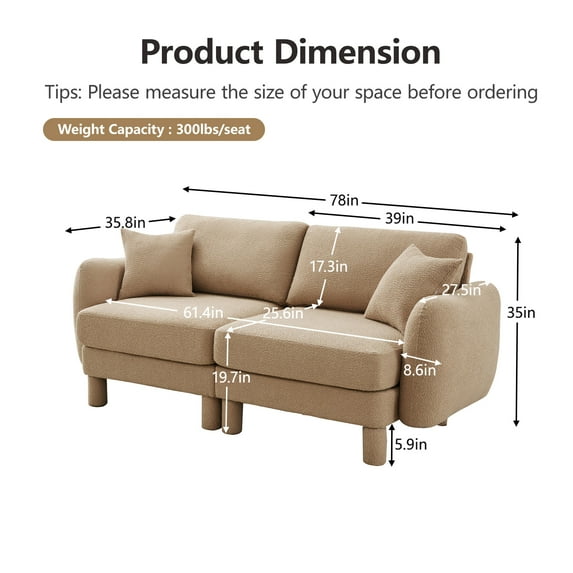 Living Room Sofas Boucle Fabric 2-seater Loveseat Sofa Couch With Distinctive Shell-shaped Armrests,Cylindrical Legs Wrapped with Self-fabric,Coffee Color,Comfortable Sofas