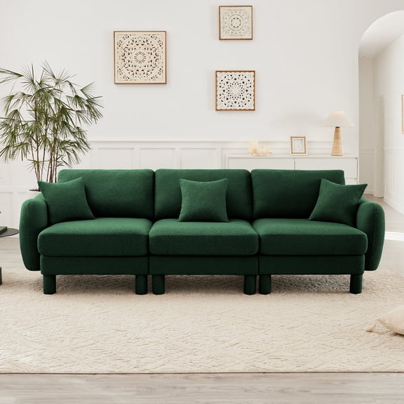 Living Room Sofas Boucle Fabric 3-seater Sofa Couch With Distinctive Shell-shaped Armrests,Cylindrical Legs Wrapped with Self-fabric,Green Color,Comfortable Sofas