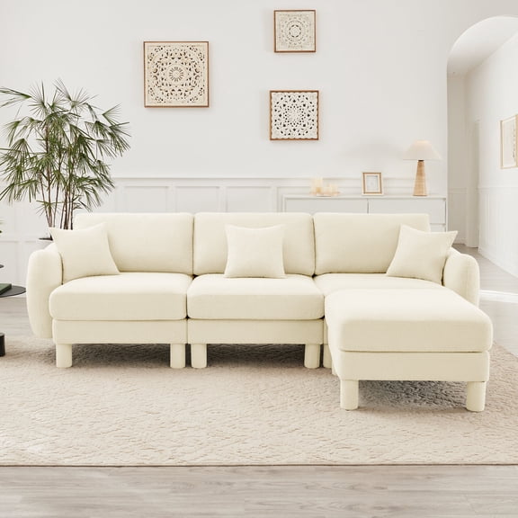 Living Room Sofas Boucle Fabric Convertible L Shape Sectional 3-seater Sofa Couch With Distinctive Shell-shaped Armrests And Removable Ottoman,Cylindrical Legs Wrapped with Self-fabric,Beige Color,Co