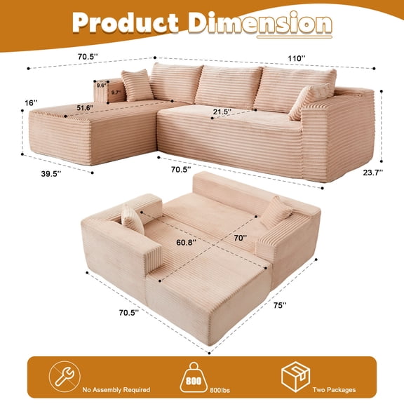 Living Room Sofas Compression Sectional Couch with Comfy Chaise, Boneless L Shape Sofa with Deep Seat, Minimalist Modular Couches Sleeper for Living Room Bedroom Apartment Lounge,corduroy,Beige,Comfo
