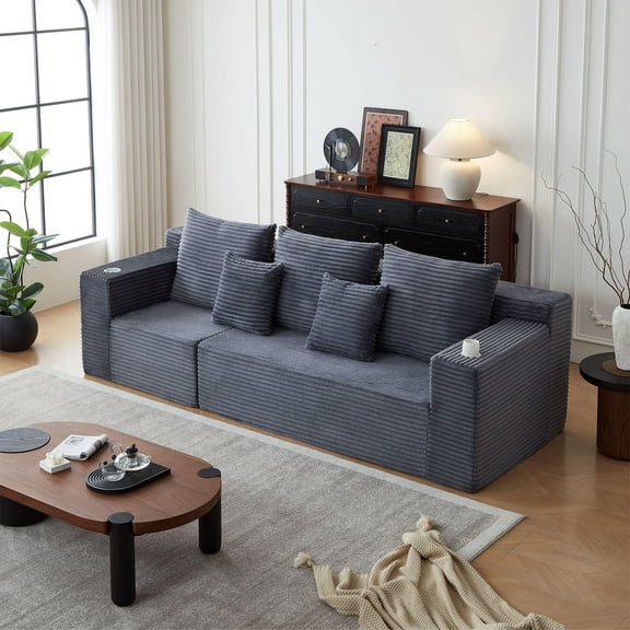Living Room Sofas Deep Seat Corduroy Modular Cloud Couch with Cup Holders, No Assembly Required,Comfortable Sofas