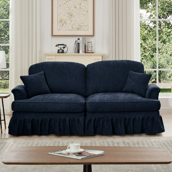 Living Room Sofas Elegant Mid Century Oversized Large Two Seater Sofa Couch with Flared Arms and Removable Ruffles Pleats Skirts and Spindle Legs, Comfy Chenille Two-Seat Love Seat Sofa for Living Ro
