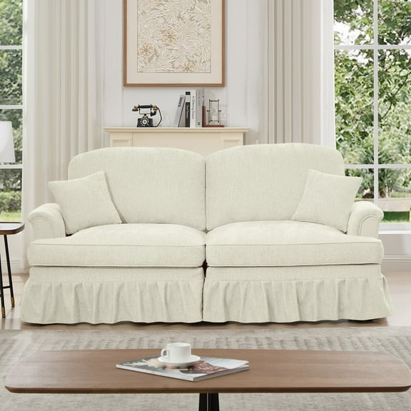 Living Room Sofas Elegant Mid Century Oversized Large Two Seater Sofa Couch with Flared Arms and Removable Ruffles Pleats Skirts and Spindle Legs, Comfy Chenille Two-Seat Love Seat Sofa for Living Ro