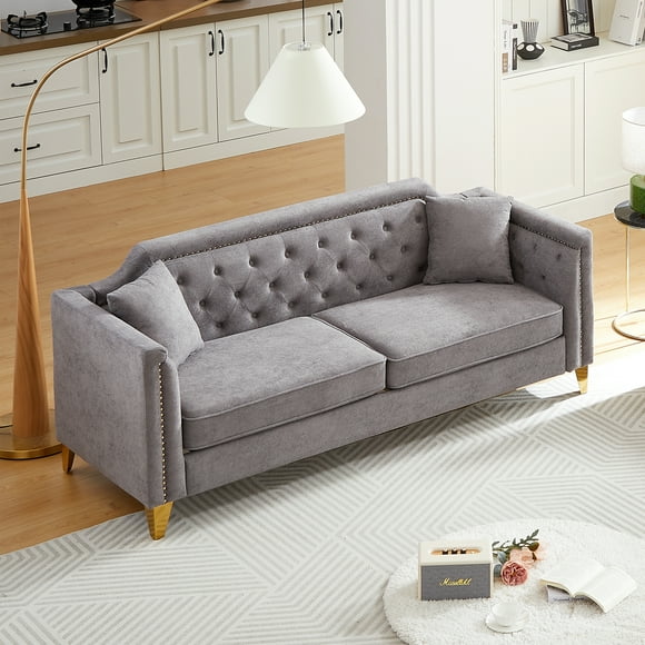 Living Room Sofas FX 81"Mid-century design modern sofa,Chenille Pull Buckle Design Sofa for Living Room,Buttons Tufted With Copper Nail Decoration Armrest, with 2 Pillows,Modern Couch Upholstered But