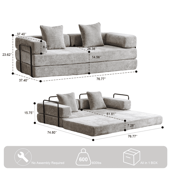 Living Room Sofas Floor Couch,Compression Sofa,Convertible Floor Sofa Bed-with Pillow Back Support Armrest,Comfy Futon Couch Lounge Sleeper Bed,Chenille fabric,for Living Room Bedroom (LIGHT-GREY),Co