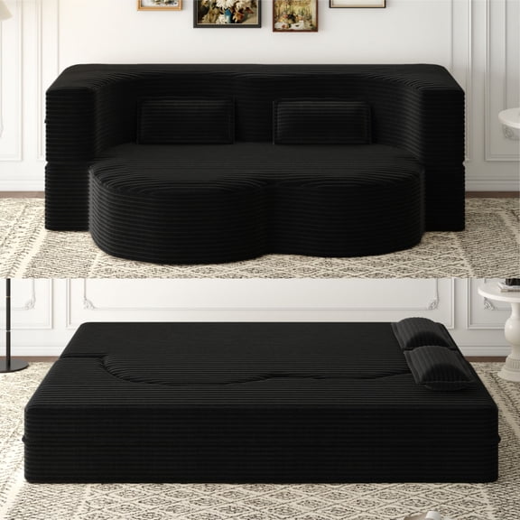 Living Room Sofas Modern Floor Sofa with 2 Pillows,Convertible Plush Corduroy Foam-Filled Sleeper Sofa Bed,15" Full Size Folding Mattress for Living Room,Guest Bed,no assembly required,Black,Comforta