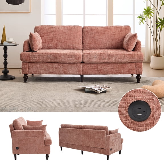 Living Room Sofas Modern style chenille 2-seater wood-legged sofa with LED light, USB charging port and storage bag Living room Bedroom Study room,Comfortable Sofas