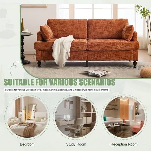 Living Room Sofas Modern style chenille 2-seater wood-legged sofa with LED light, USB charging port and storage bag Living room Bedroom Study room,Comfortable Sofas